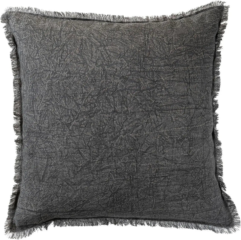 Dark gray stonewashed linen pillow with frayed edges and polyester filler for boho chic decor