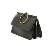 Dark gray leather ARIA RING BAG with gold-tone O-ring top handle at its widest point