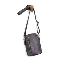 Dark gray leather Jolene Crossbody Phone Bag with adjustable strap and front zipper pocket