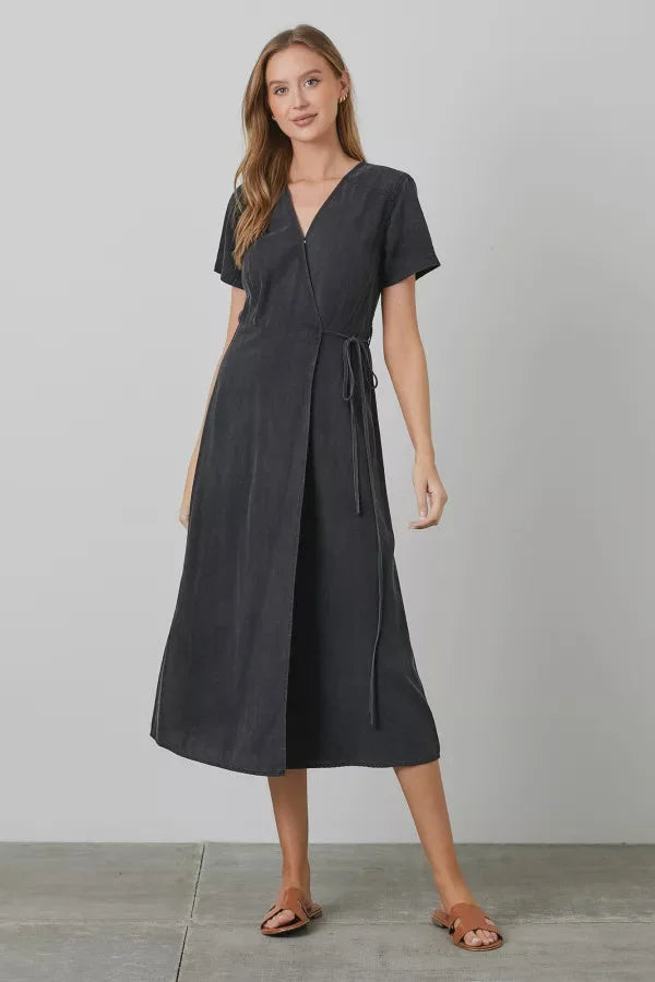 Dark gray Chambray Wrap Midi Dress with short sleeves and V-neckline