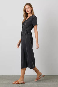 Dark gray Chambray Wrap Midi Dress with short sleeves and tie waist detail