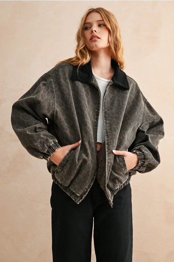 Leopard printed bomber jacket in dark gray oversized corduroy with fur collar