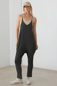 Dark gray relaxed waffle knit jumpsuit perfect for a boho, free spirit style