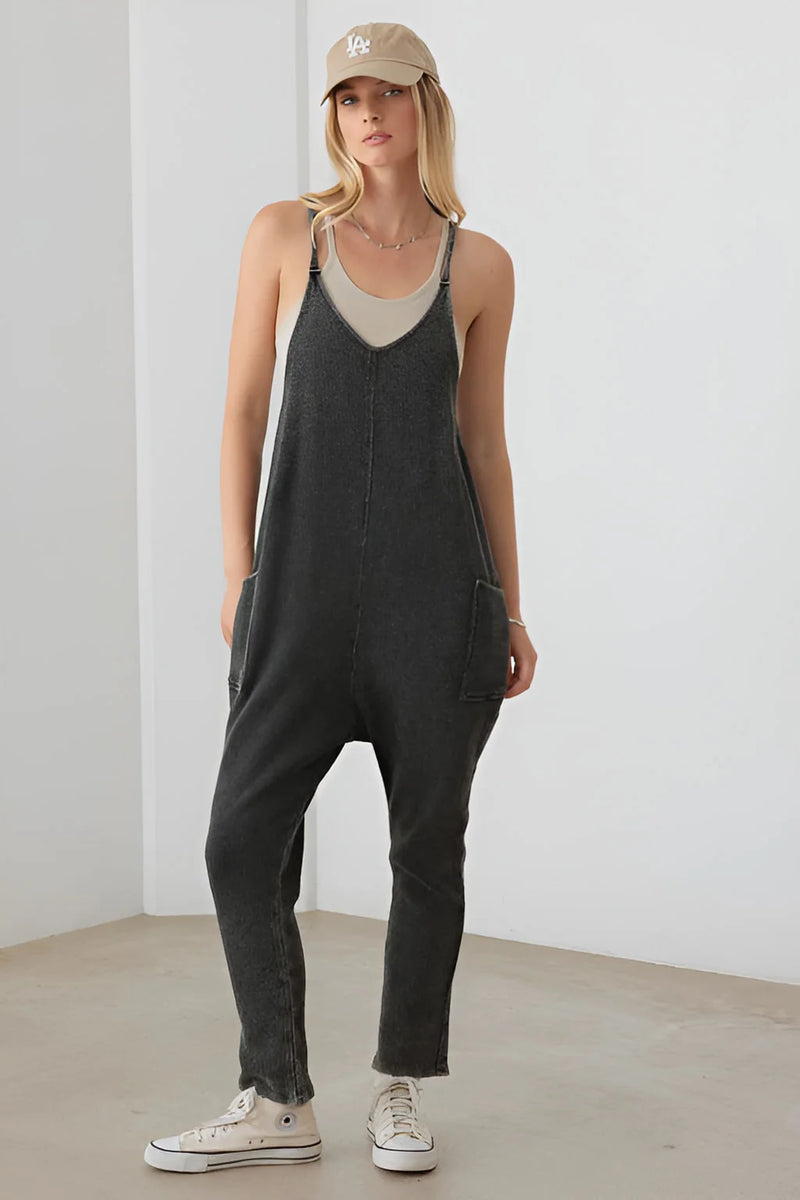 Dark gray relaxed waffle knit jumpsuit perfect for a boho, free spirit style