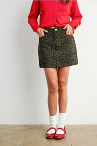Dark green and black leopard print mini skirt from LEOPARD PRINT BUTTONED MINI SKIRT, perfect for women’s boho chic clothing