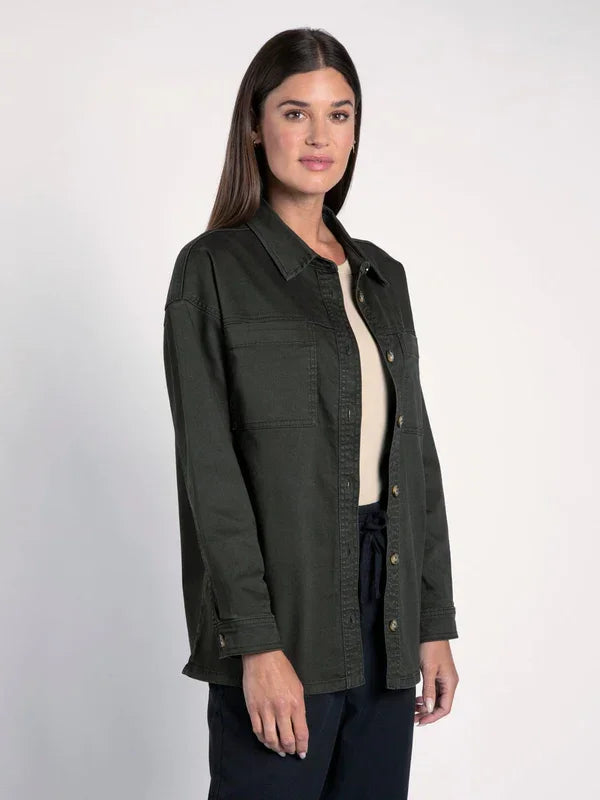 Dark green Denim Berkley Jacket featuring a collar and long sleeves