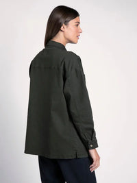 Dark green BUTTON DOWN DENIM BERKLEY JACKET worn by person with long dark hair, back view