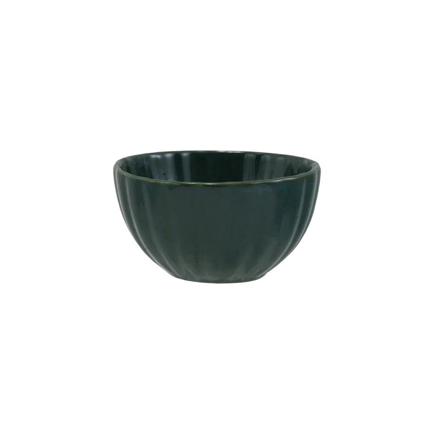 Dark green ceramic stoneware ribbed bowl with vertical ridges for stylish serving