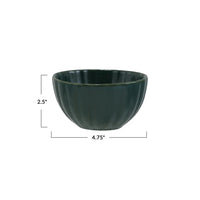 Dark green ceramic stoneware ribbed bowl with dimensions, ideal for serving or decor