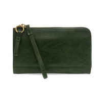 Dark green leather wallet with gold zipper and wrist strap from KARINA CONVERTIBLE WRISTLET & WALLET