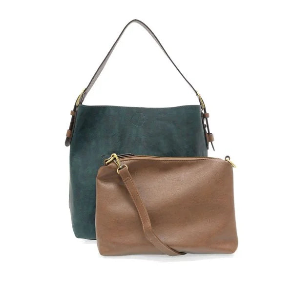 Dark green vegan leather classic hobo shoulder bag with a brown clutch for the main bag look