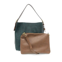 Dark green vegan leather classic hobo shoulder bag with a brown clutch for the main bag look