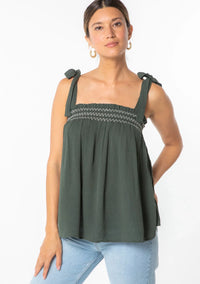 Dark green bohemian tie shoulder smocked tank top with sleeveless design