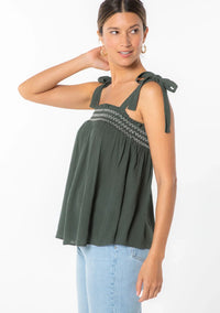 Dark green bohemian tie shoulder smocked tank top with tie-shoulder straps