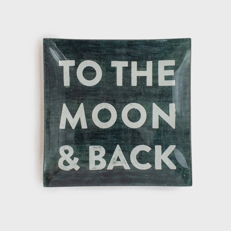Dark green square decoupage plate coaster with white lettering for TO THE MOON & BACK collection