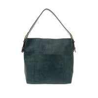 Dark green vegan leather classic hobo shoulder bag with exterior slip pocket for main bag use