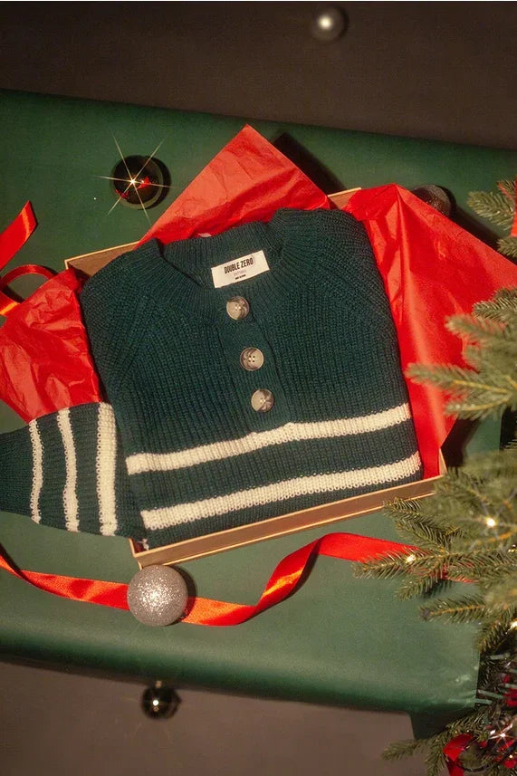 Dark green Striped Henley Sweater with cream stripes and decorative buttons for women’s boho chic clothing