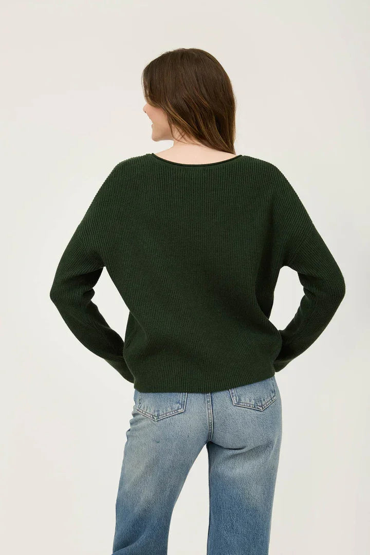 Dark green V Neck Long Sleeve Ribbed Sweater worn by person facing away from camera