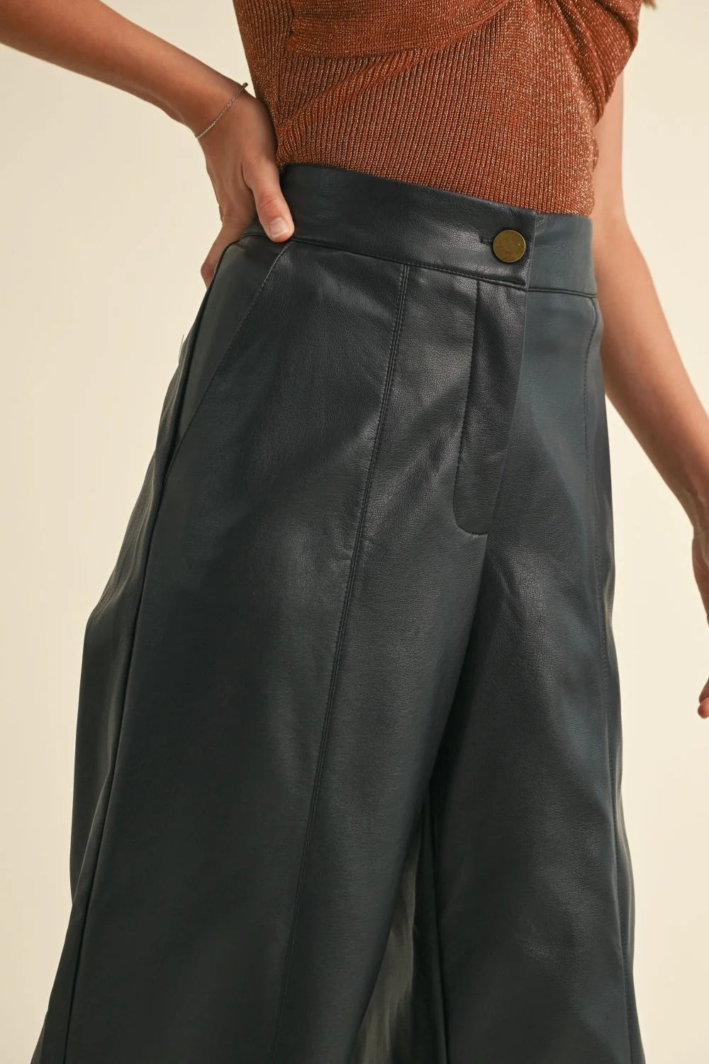 Dark green vegan wide straight leg leather pants with button closure
