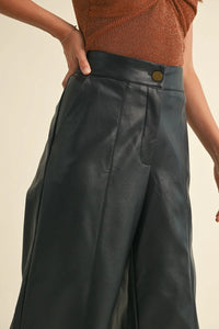Dark green vegan wide straight leg leather pants with button closure