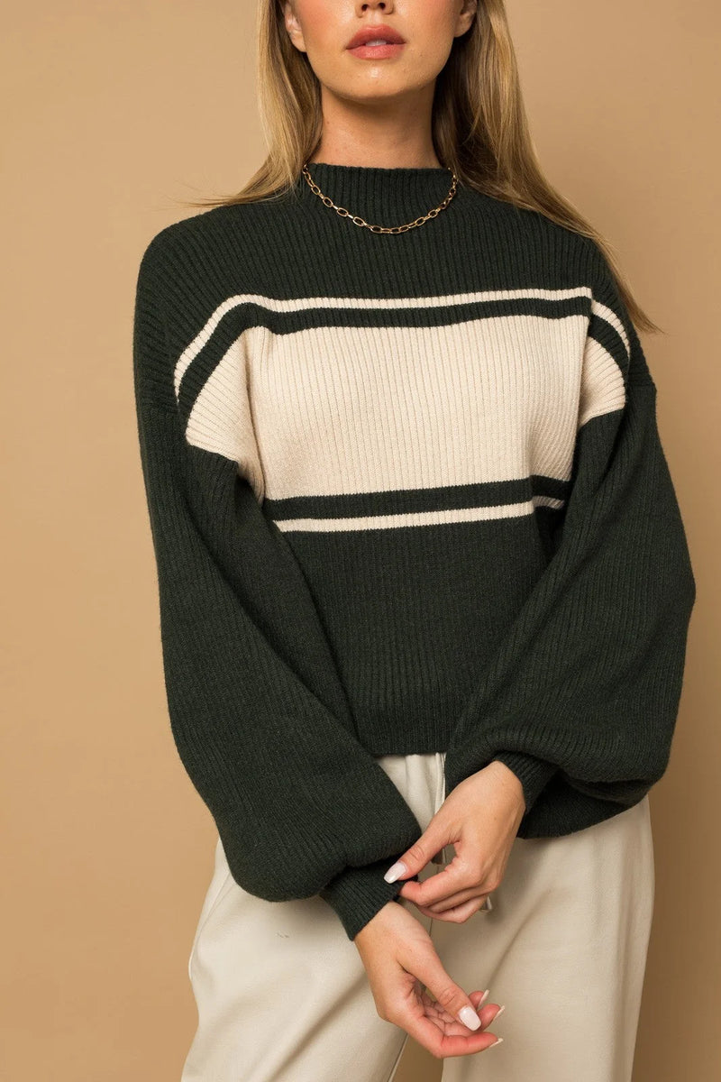 Dark green and white contrast stripe mock neck sweater with balloon sleeves