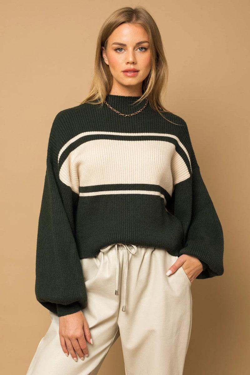 Dark green and white contrast stripe mock neck sweater with balloon sleeves