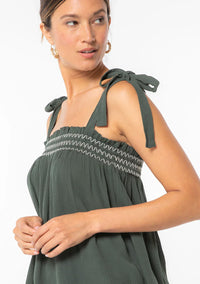 Dark green bohemian tie shoulder smocked tank top with white detailing