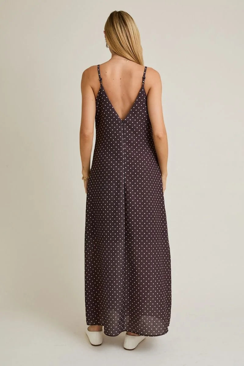 Sweetheart neck strap dot maxi dress with dark polka dots