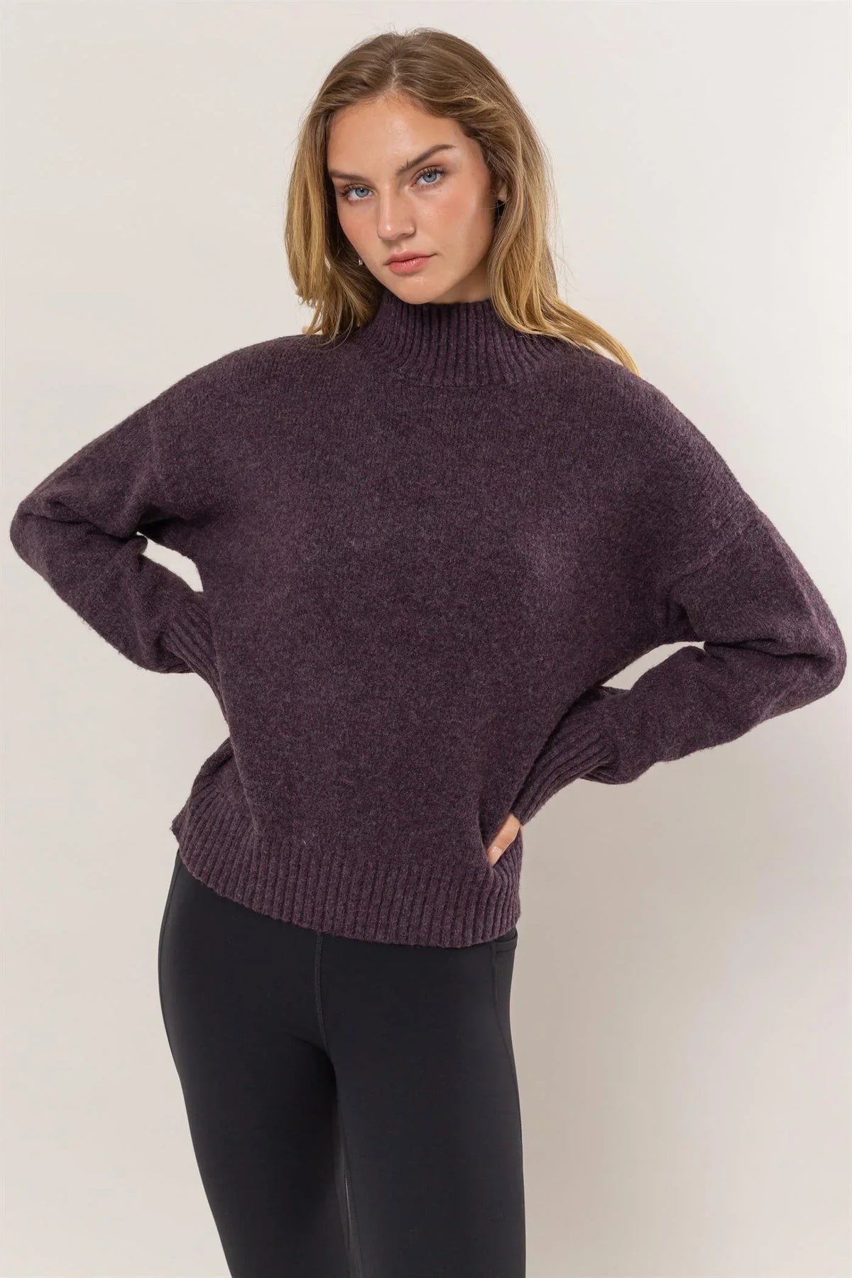 Dark purple high neck knit turtleneck sweater with ribbed details from Shop Daisy