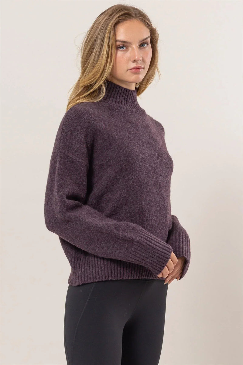 Dark purple high neck sweater with ribbed knit detailing from Shop Daisy, women’s boho chic clothing