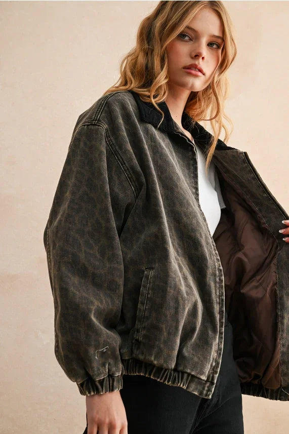 Leopard printed bomber jacket in dark wash denim with relaxed fit