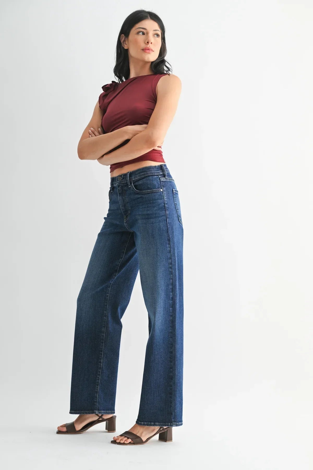 Mid rise loose straight regular hem dark wash flare jeans