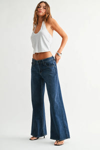 Stretch mid rise palazzo denim flare jeans with high waist button fly