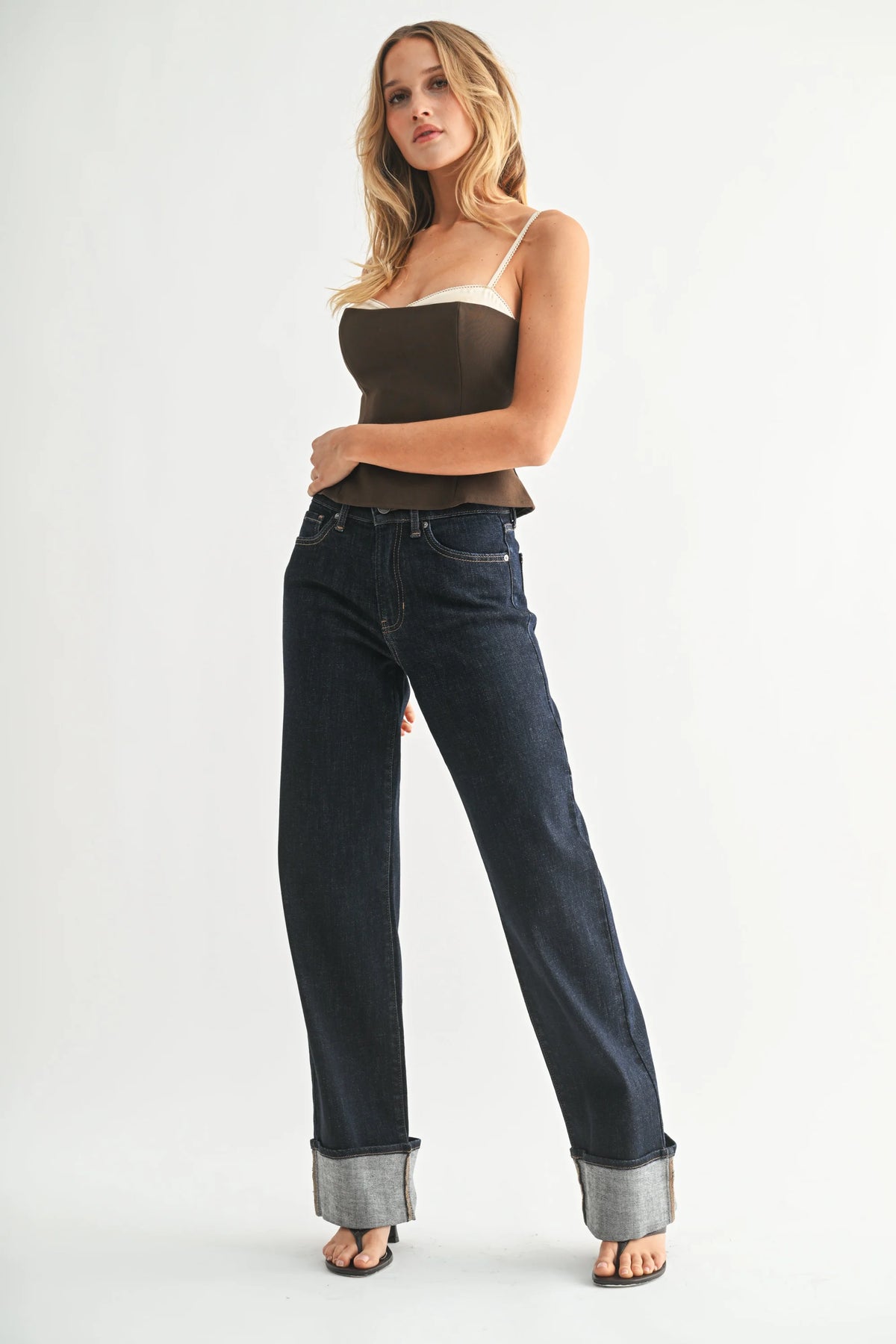High rise cuffed wide leg jean in dark wash with rolled cuffs