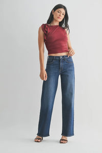 Mid rise loose straight jeans with shoulder ruffles