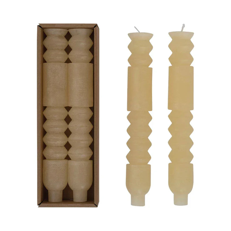 Decorative unscented totem taper candles with a geometric ribbed design in a set box