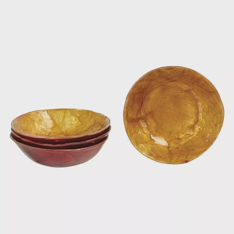 Round Decorative Laminated Capiz Bowl featuring metallic gold interior and reddish-brown exterior