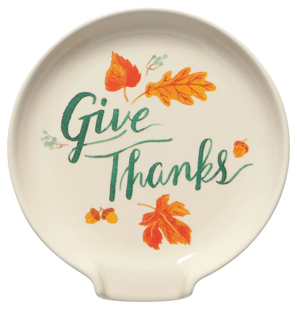 Decorative ceramic spoon rest featuring autumn harvest design and Give Thanks text