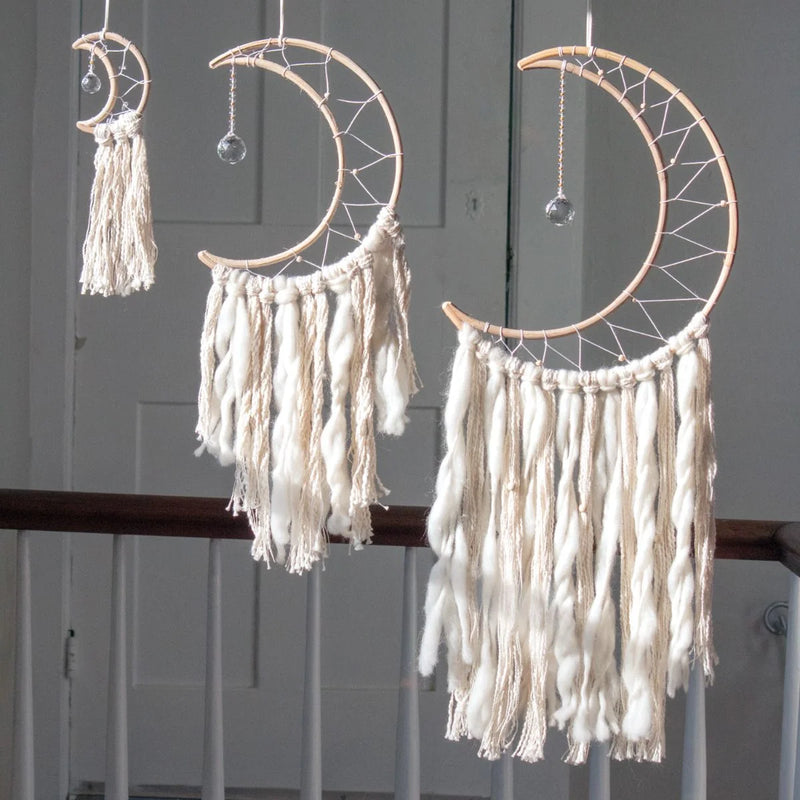 Large White Moon Dream Catcher Wall Hanging with Macramé Tassels for Boho Decor