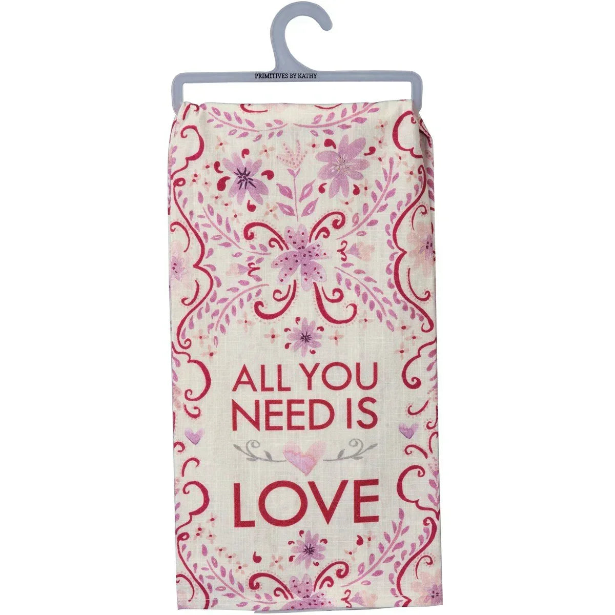 Decorative love dish towel featuring pink floral designs and All You Need Is Love text