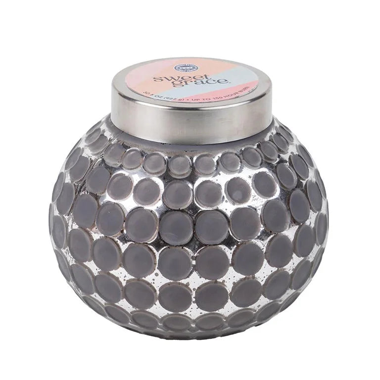 Decorative glass jar with metallic lid featuring gray circles for Sweet Grace large candle