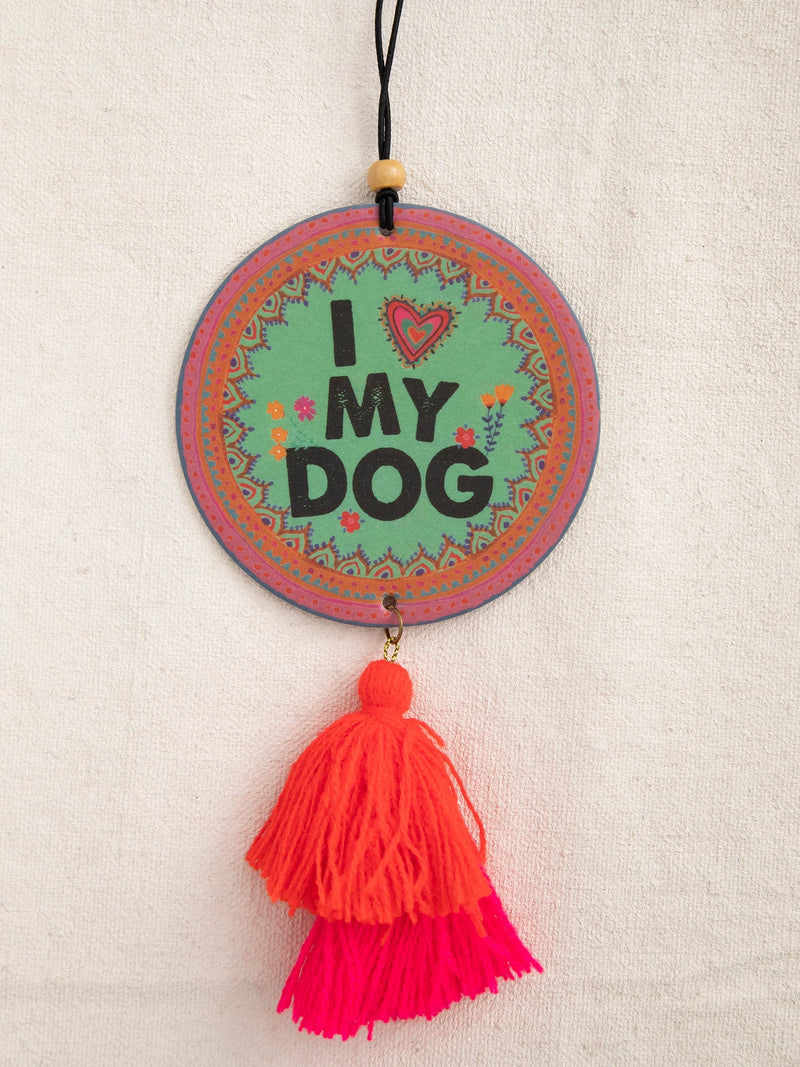 Boho decorative car air freshener with I ♥ MY DOG text and colorful tassels