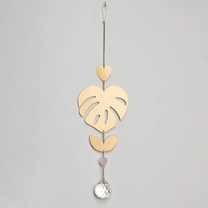 Decorative SUNCATCHERS GEMSTONE with wooden monstera leaf and crystal pendant, boho style