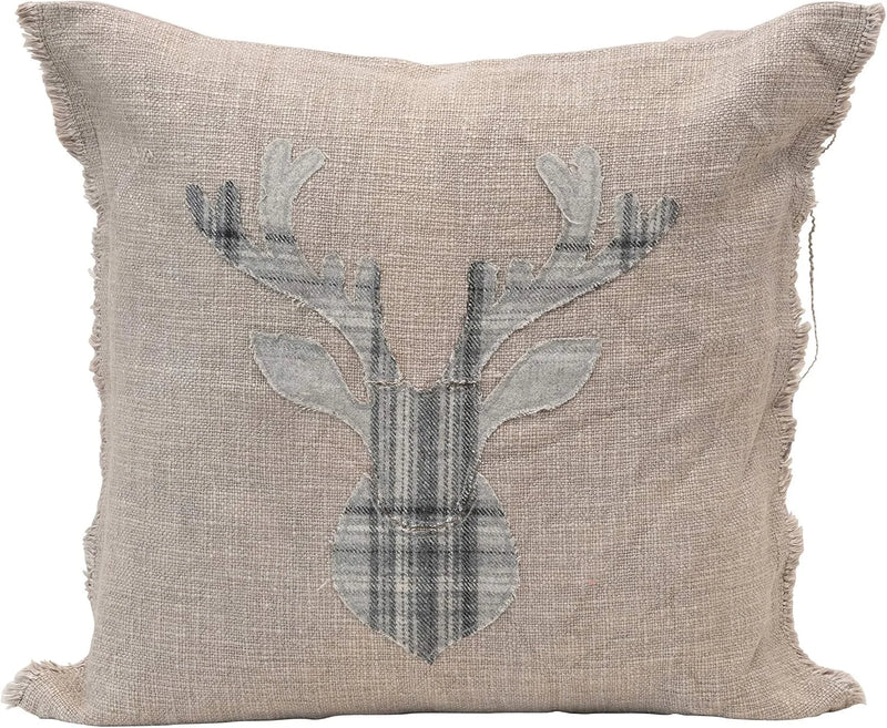 Decorative Christmas pillow with plaid deer silhouette in grey and natural tones