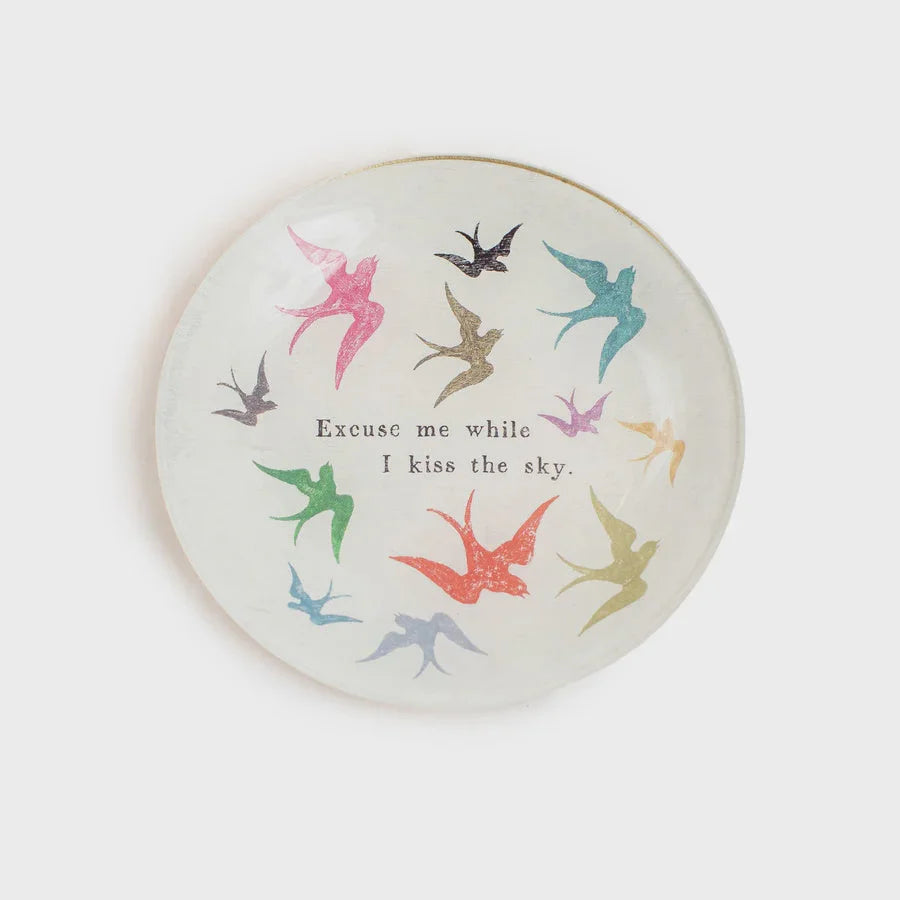 Colorful bird silhouettes on the EXCUSE ME WHILE I KISS THE SKY round decoupage plate