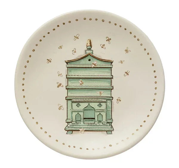 Decorative stoneware plate with a vintage beehive illustration for boho decor