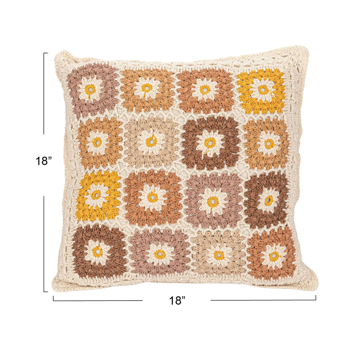 Decorative square cotton pillow with crocheted floral granny square pattern in boho tones