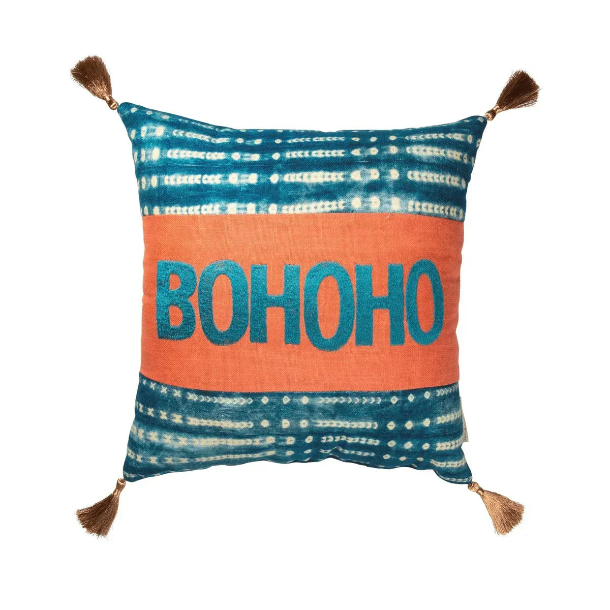 Decorative throw pillow featuring bohoho text and tie-dye pattern for women’s boho chic clothing