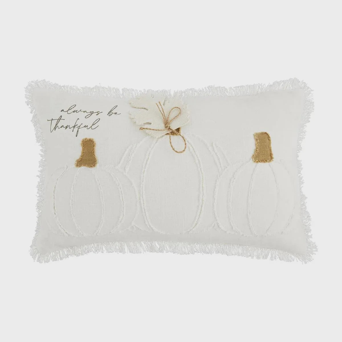 Decorative Lumbar White Pumpkin Pillow featuring embroidered pumpkin and boho text design