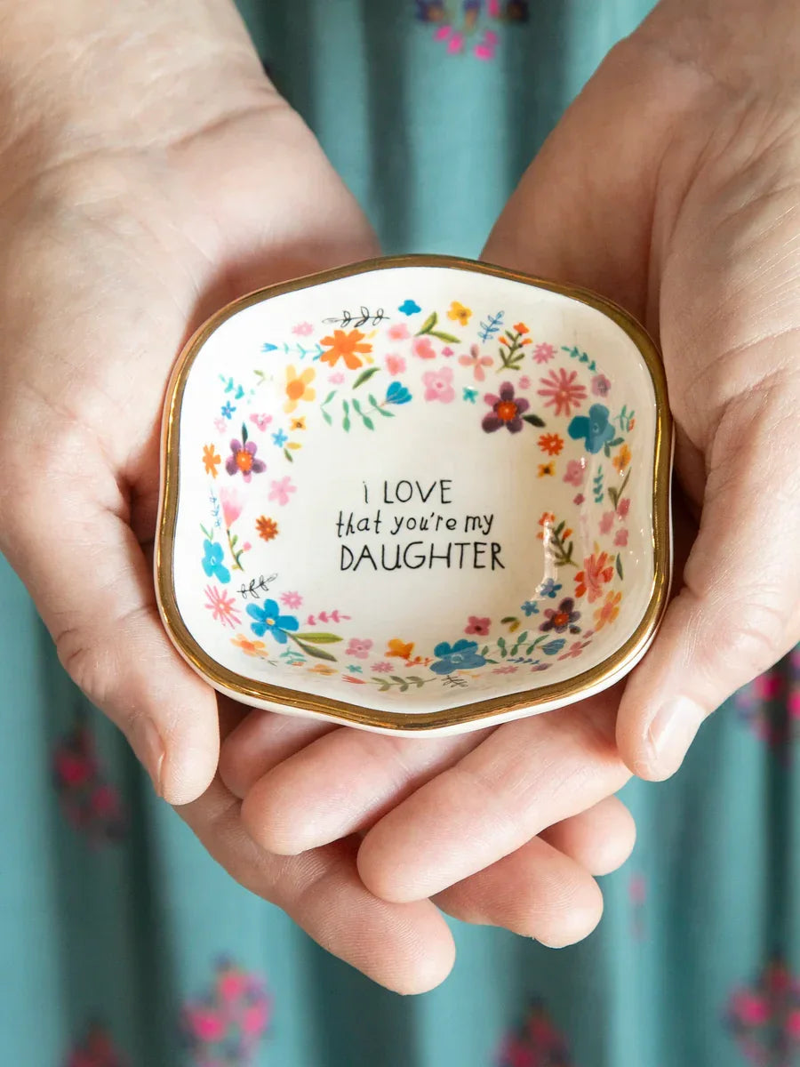 Antiqued trinket bowl with floral border and loving message for daughter